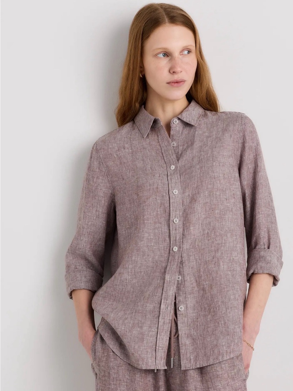 Quince 100% European Linen Long Sleeve Button Up Shirt Taupe Brown Chambray